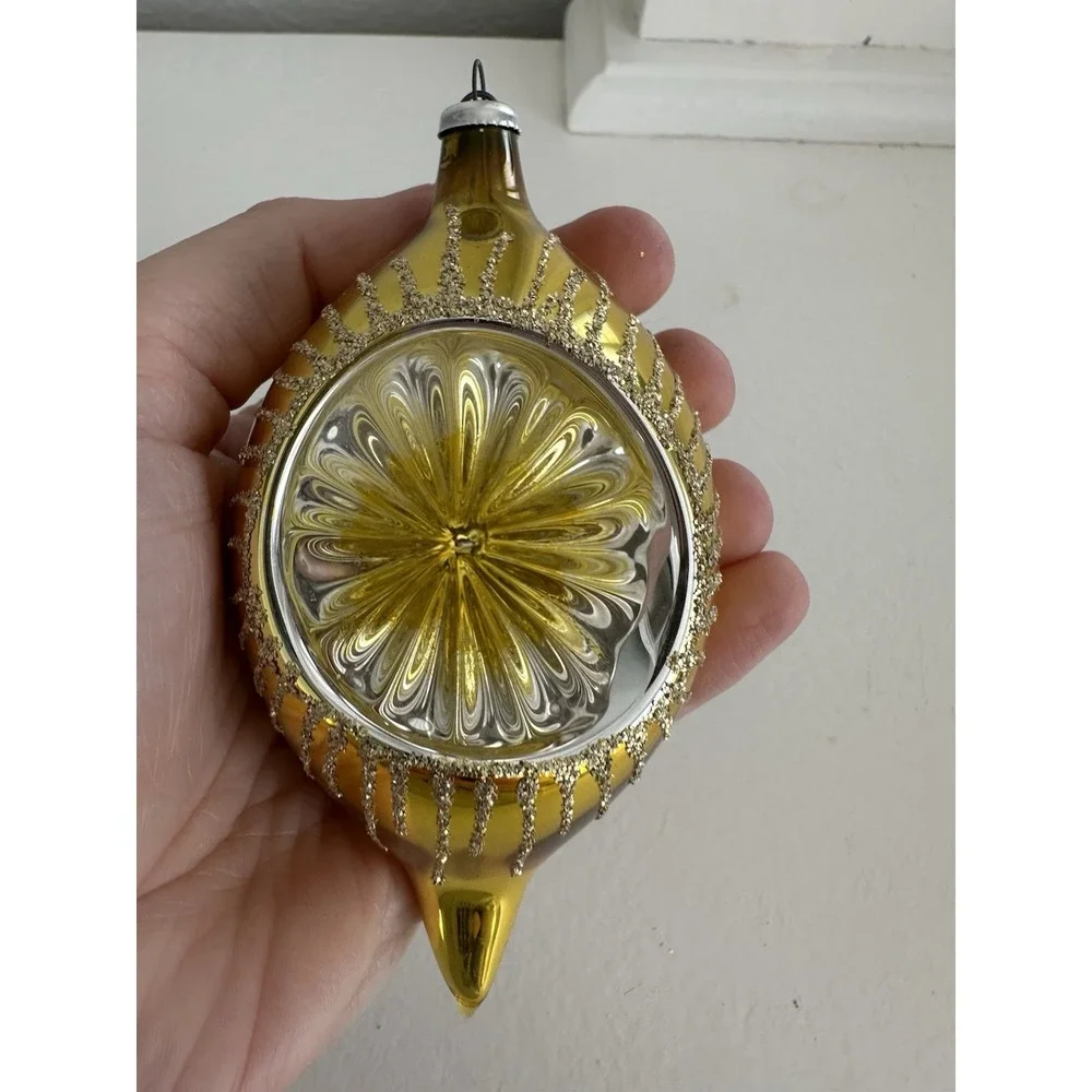 Vintage Indent Teardrop Mercury Glass Christmas Ornament Yellow Gold Glitter